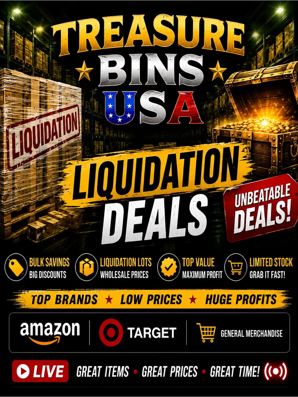 🔥 Treasure Bins USA | Liquidation Deals • Live Auctions